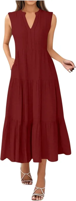 Maxi Sundresses for Women 2025 V Neck Sleeveless Summer Tank Dress Tiered A Line Flowy Dresses Boho Beach Sundress