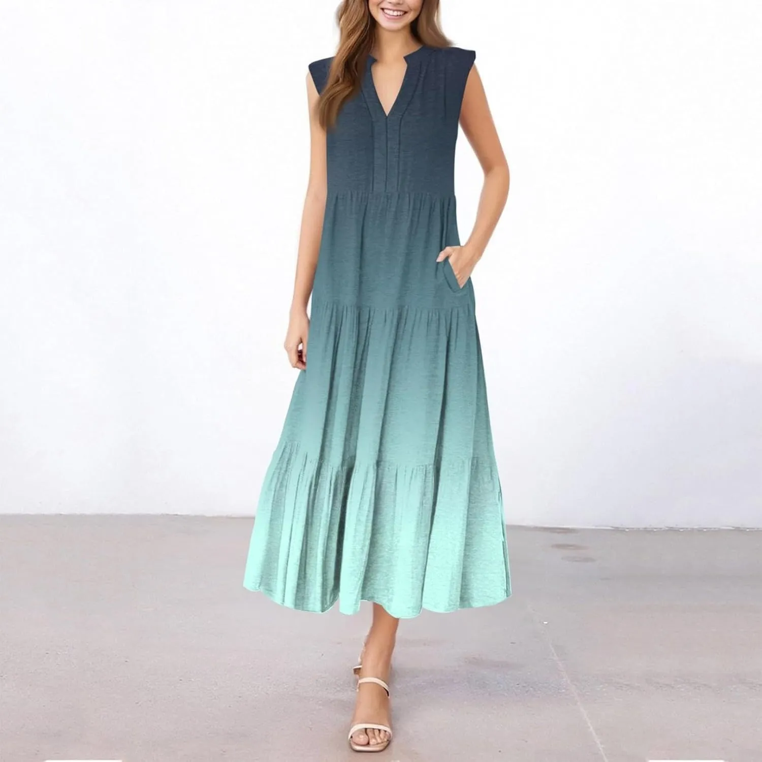 Maxi Sundresses for Women 2025 V Neck Sleeveless Summer Tank Dress Tiered A Line Flowy Dresses Boho Beach Sundress