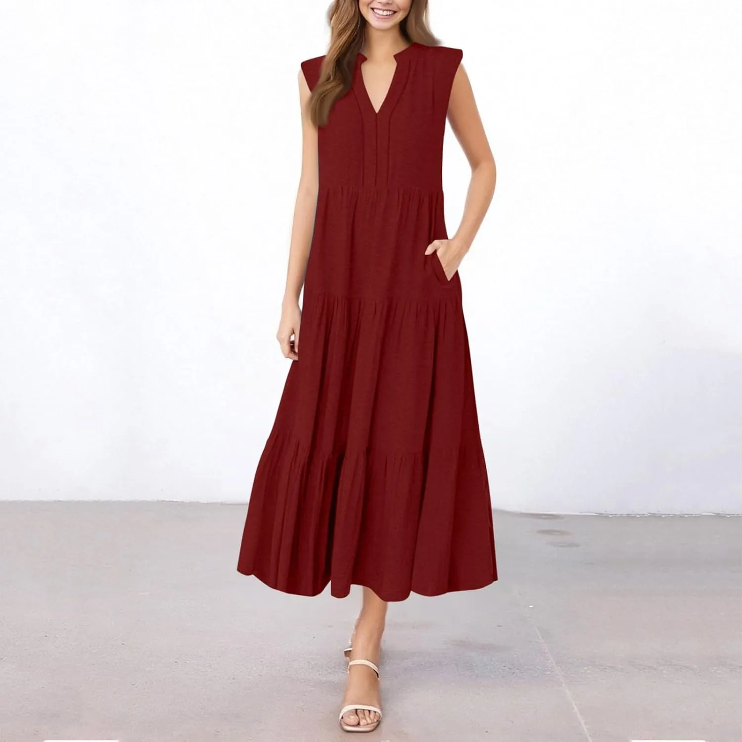 Maxi Sundresses for Women 2025 V Neck Sleeveless Summer Tank Dress Tiered A Line Flowy Dresses Boho Beach Sundress