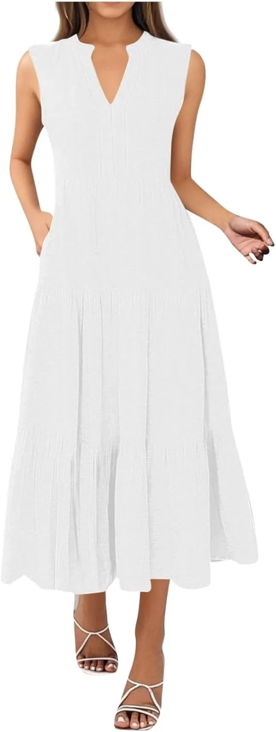 Maxi Sundresses for Women 2025 V Neck Sleeveless Summer Tank Dress Tiered A Line Flowy Dresses Boho Beach Sundress