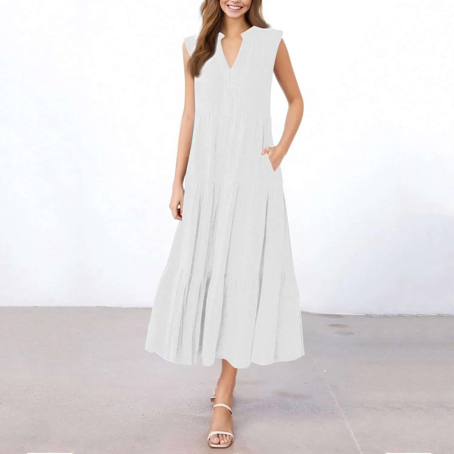Maxi Sundresses for Women 2025 V Neck Sleeveless Summer Tank Dress Tiered A Line Flowy Dresses Boho Beach Sundress