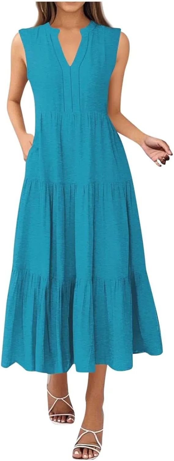 Maxi Sundresses for Women 2025 V Neck Sleeveless Summer Tank Dress Tiered A Line Flowy Dresses Boho Beach Sundress