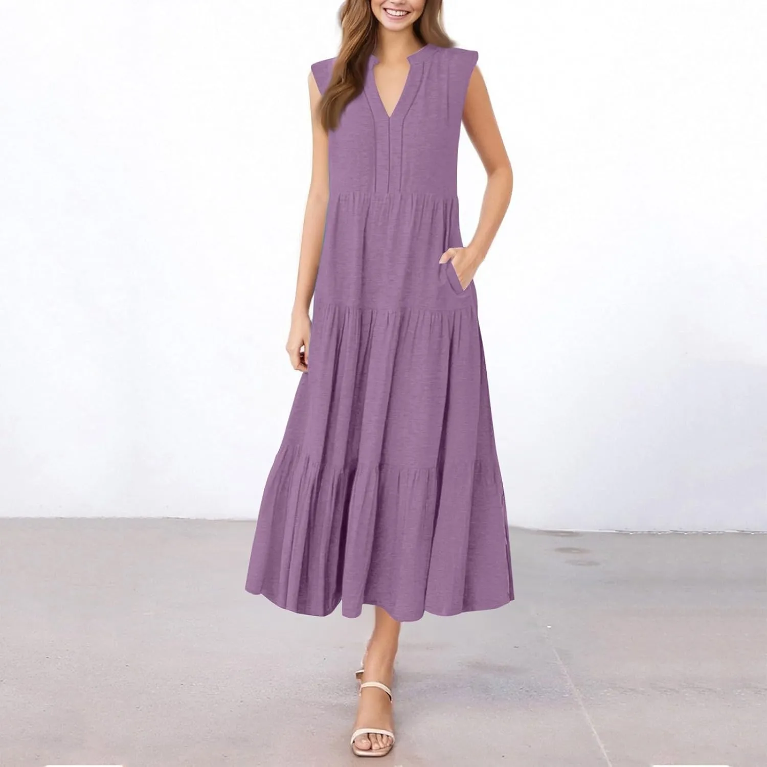 Maxi Sundresses for Women 2025 V Neck Sleeveless Summer Tank Dress Tiered A Line Flowy Dresses Boho Beach Sundress