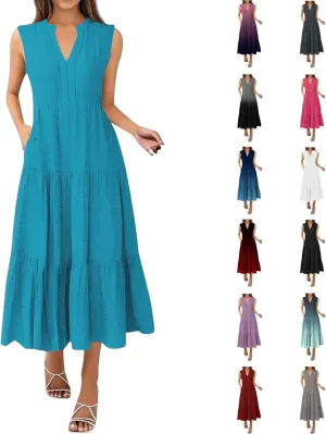Maxi Sundresses for Women 2025 V Neck Sleeveless Summer Tank Dress Tiered A Line Flowy Dresses Boho Beach Sundress