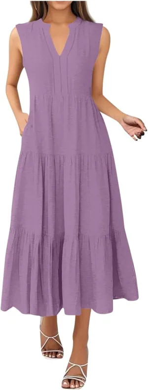 Maxi Sundresses for Women 2025 V Neck Sleeveless Summer Tank Dress Tiered A Line Flowy Dresses Boho Beach Sundress