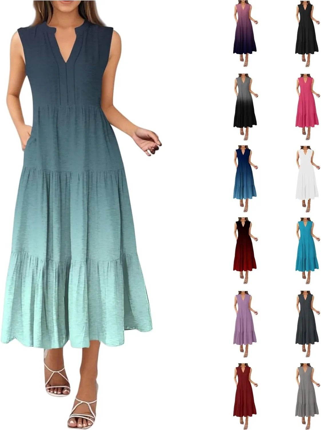 Maxi Sundresses for Women 2025 V Neck Sleeveless Summer Tank Dress Tiered A Line Flowy Dresses Boho Beach Sundress