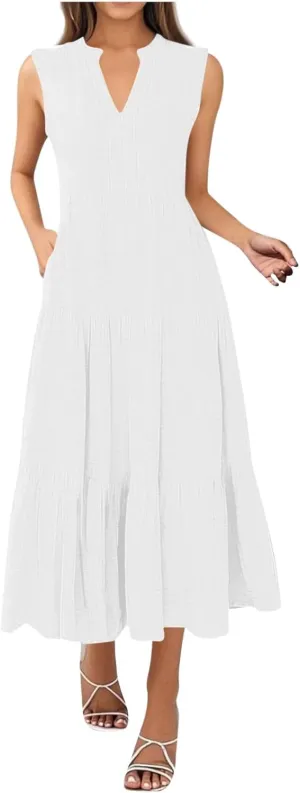Maxi Sundresses for Women 2025 V Neck Sleeveless Summer Tank Dress Tiered A Line Flowy Dresses Boho Beach Sundress