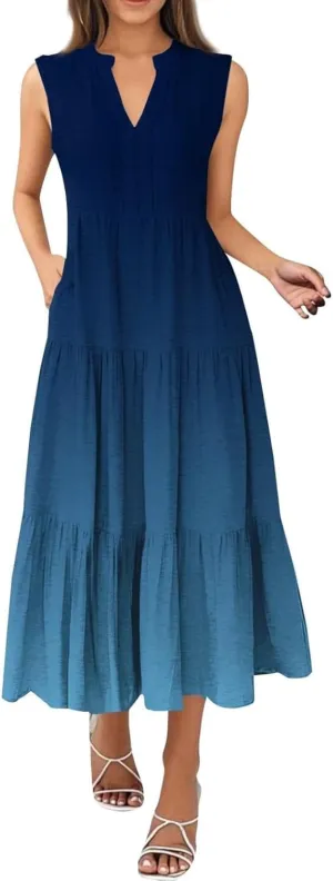 Maxi Sundresses for Women 2025 V Neck Sleeveless Summer Tank Dress Tiered A Line Flowy Dresses Boho Beach Sundress
