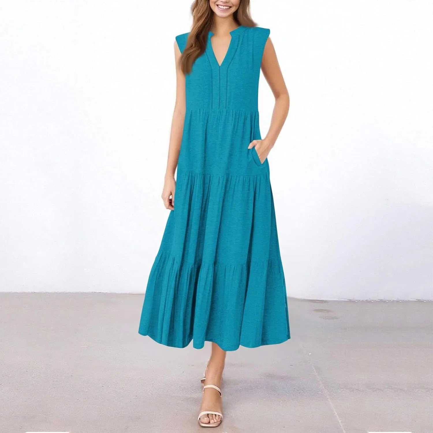 Maxi Sundresses for Women 2025 V Neck Sleeveless Summer Tank Dress Tiered A Line Flowy Dresses Boho Beach Sundress