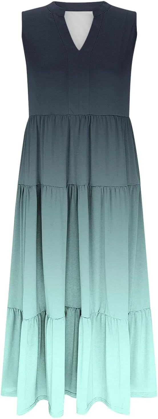 Maxi Sundresses for Women 2025 V Neck Sleeveless Summer Tank Dress Tiered A Line Flowy Dresses Boho Beach Sundress