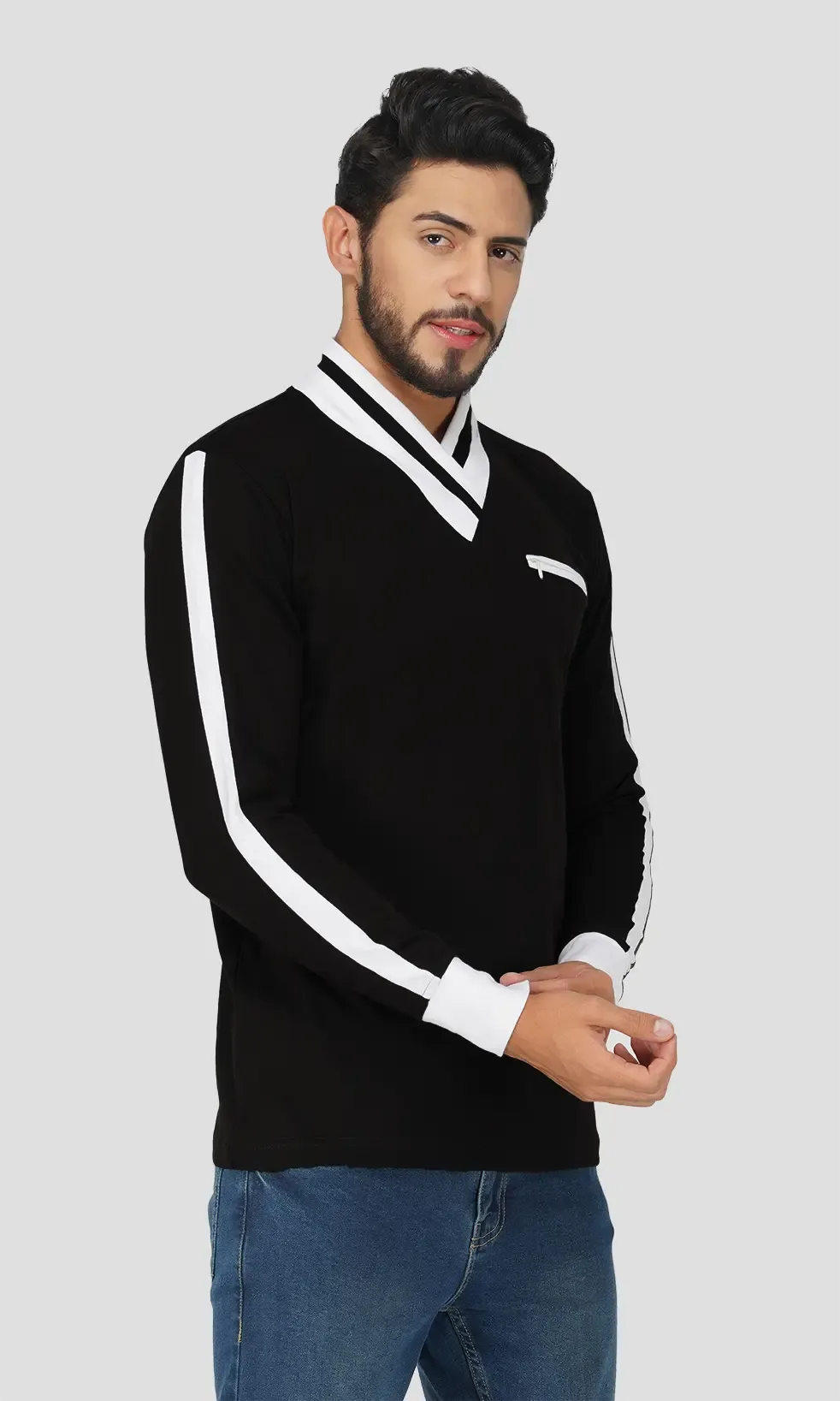 Mebadass Men's Fullsleeve Colorblocked Regular Size T-shirt - Black White