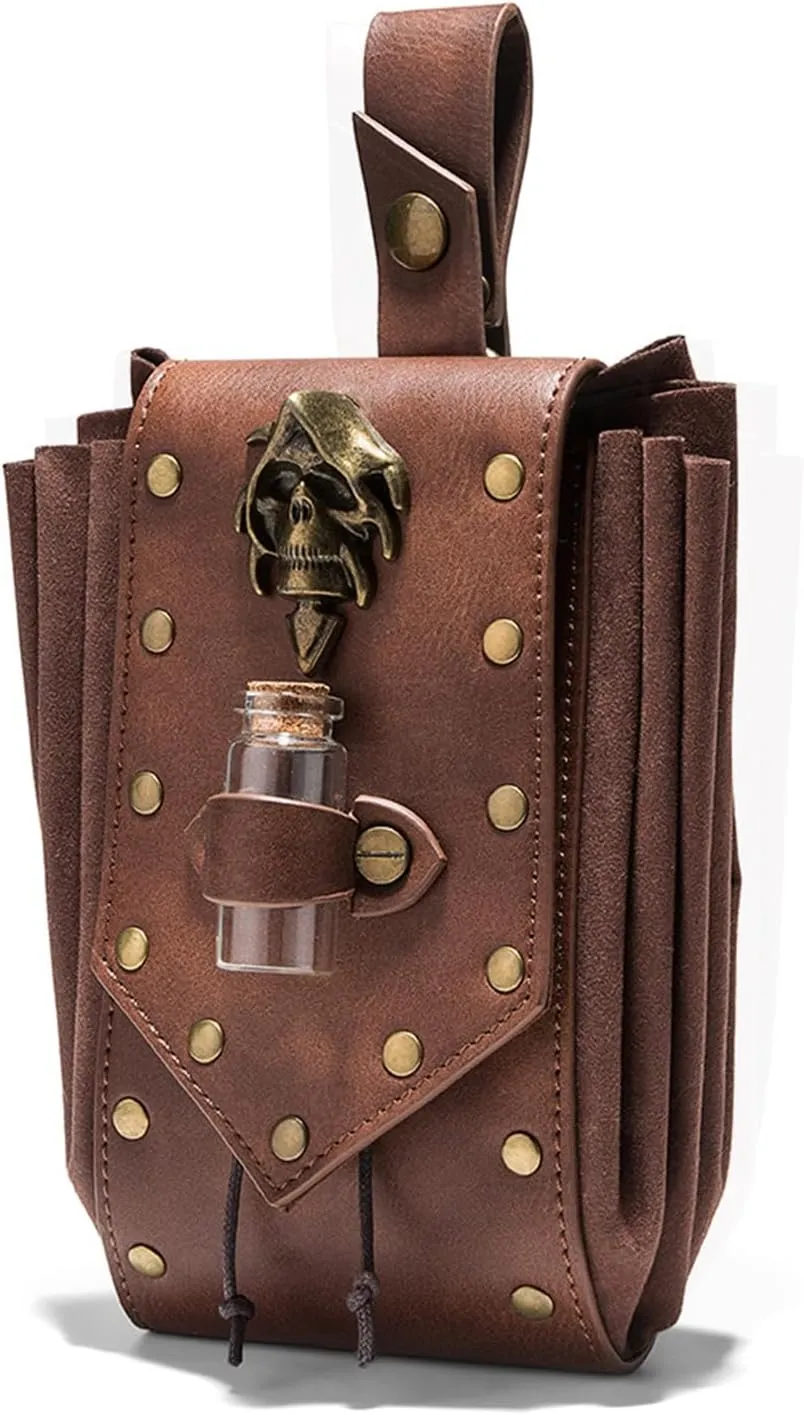 Medieval Leather Belt Pouch, Ren Faire Renaissance Accessories Dice Bag, Leisure Travel Coin Pouch, Cosplay Pirate Steampunk (Waist Bag) Brown