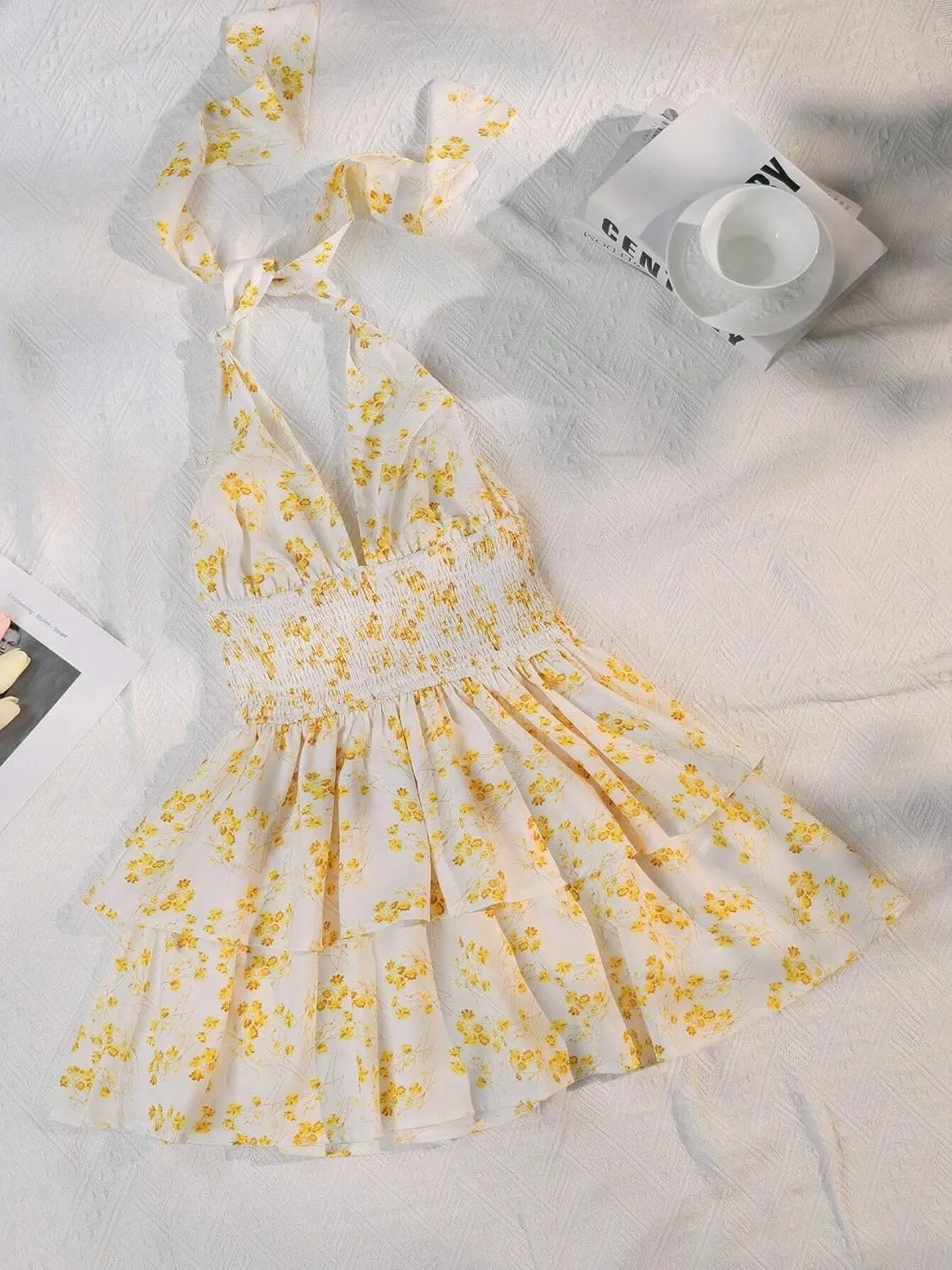 Melliflo Halter Dresses for Women Floral Sleeveless Deep V Neck Tie Backless Pleated Waist Ruffle Boho Mini Dress