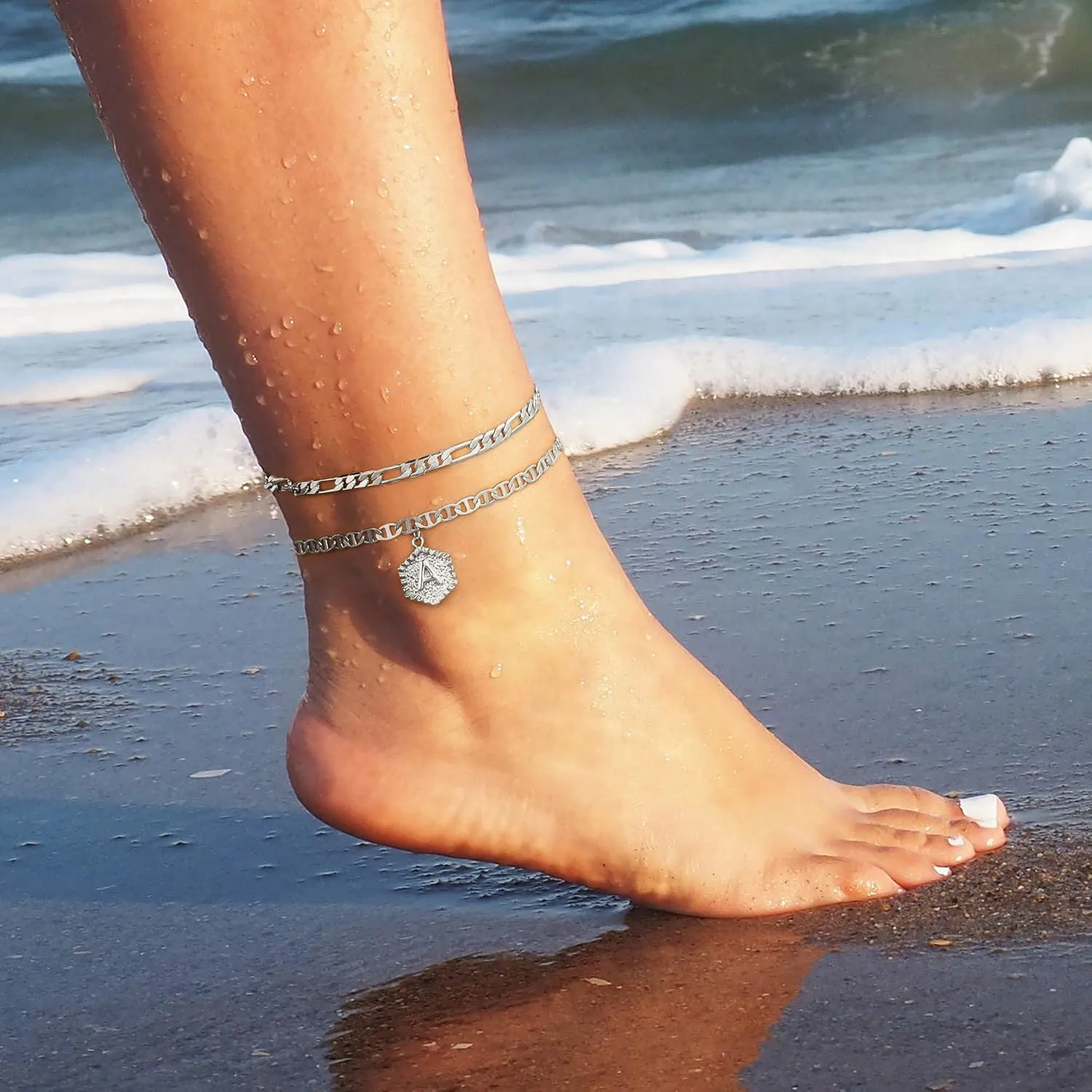 Memorjew Initial Ankle Bracelets for Women, 14K Gold Plated Double Layered Initial Anklets Jewelry for Women