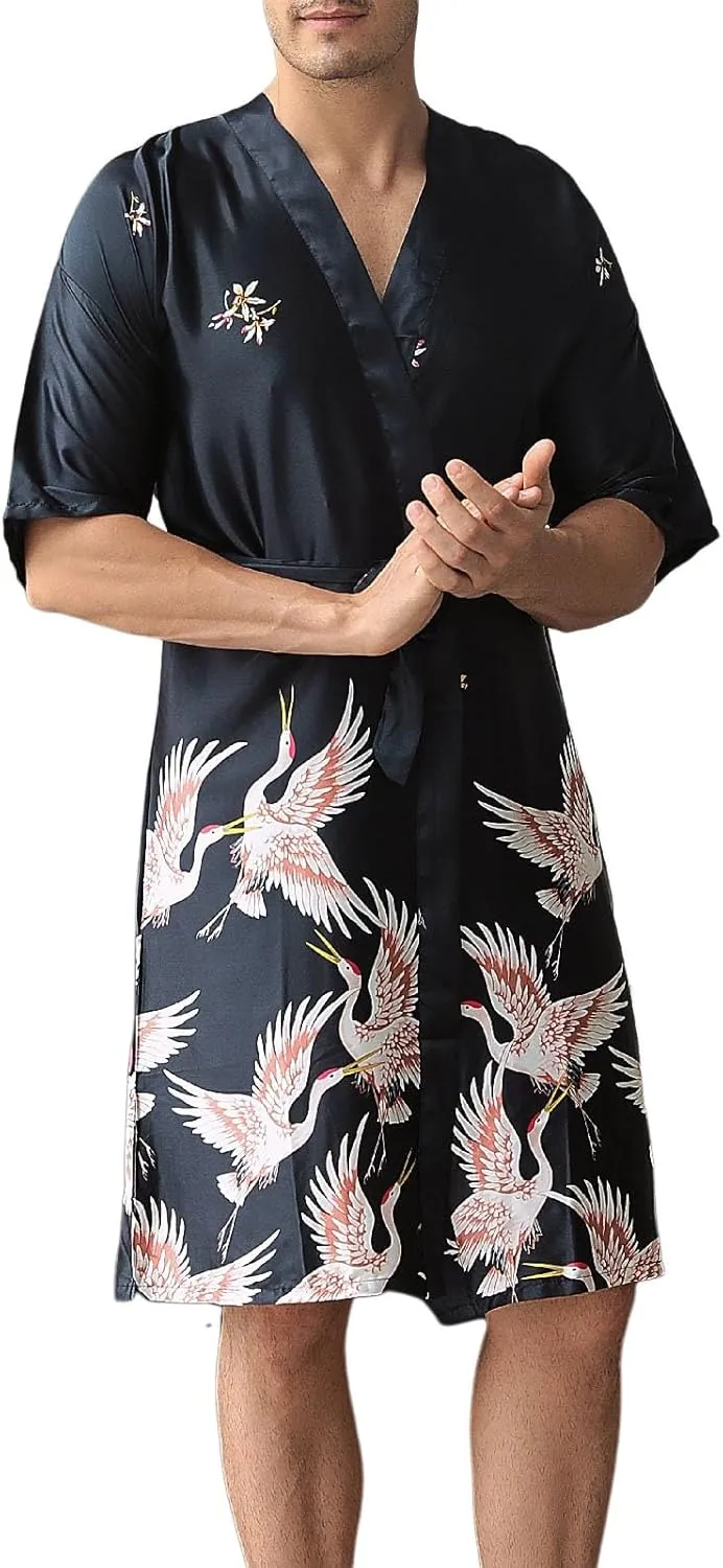 Men Pajama Robes Silk Satin Short Sleeve Knee Length Lounge Sleepwear Lightweight Soft Pajamas Loungewear