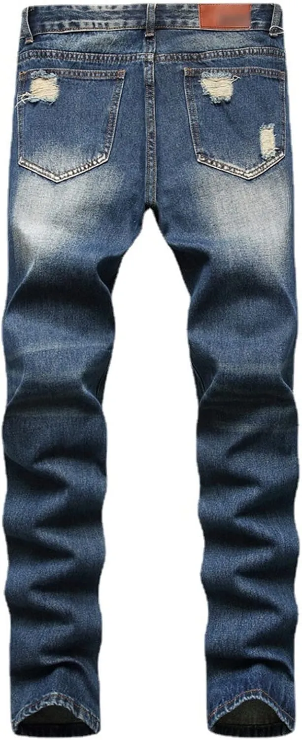 Men Ripped Slim Fit Jeans Destroyed Distressed Straight Denim Pants Vintage Mid Waist Washed Biker Jean Trousers