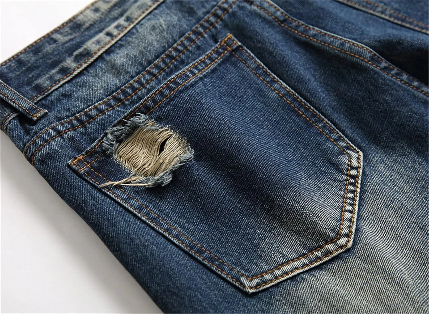 Men Ripped Slim Fit Jeans Destroyed Distressed Straight Denim Pants Vintage Mid Waist Washed Biker Jean Trousers