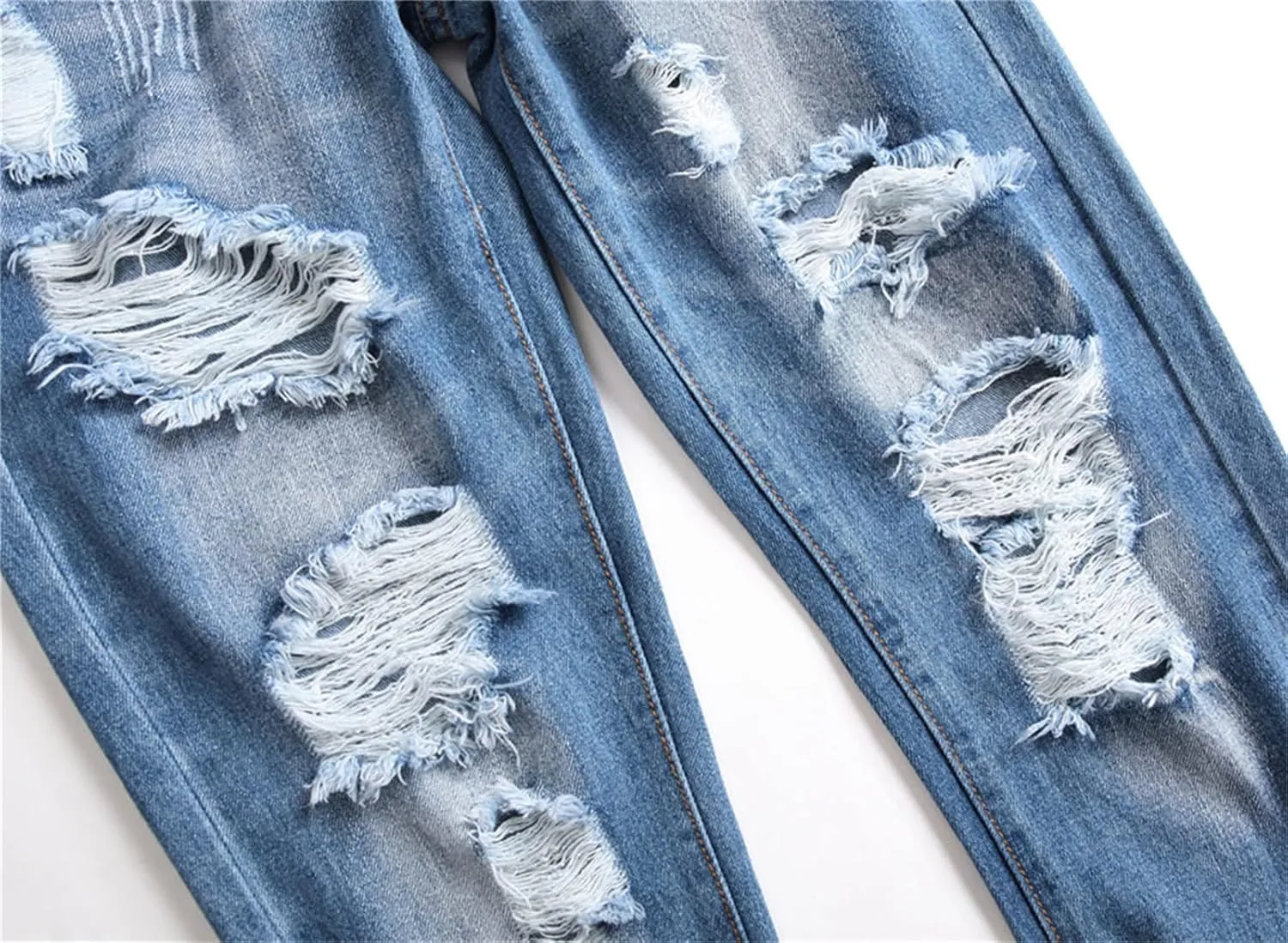 Men Ripped Slim Fit Jeans Destroyed Distressed Straight Denim Pants Vintage Mid Waist Washed Biker Jean Trousers