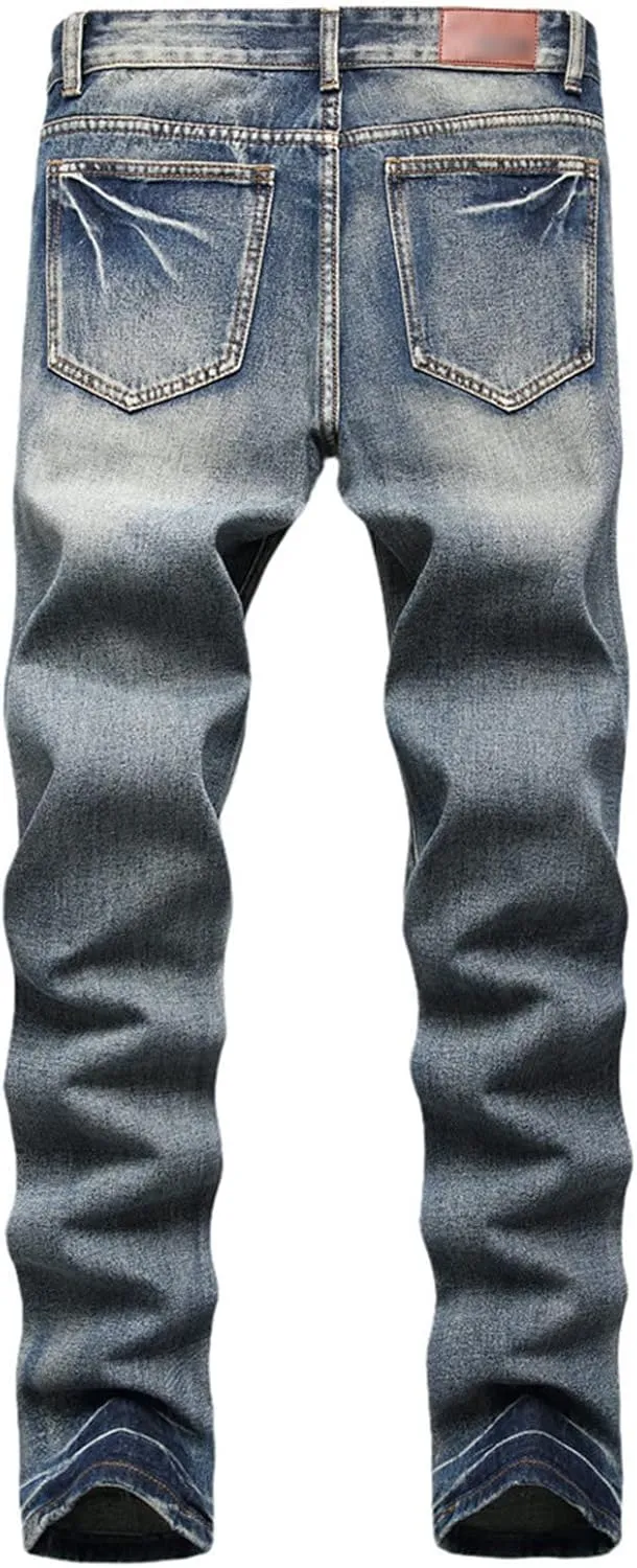 Men Ripped Slim Fit Jeans Destroyed Distressed Straight Denim Pants Vintage Mid Waist Washed Biker Jean Trousers