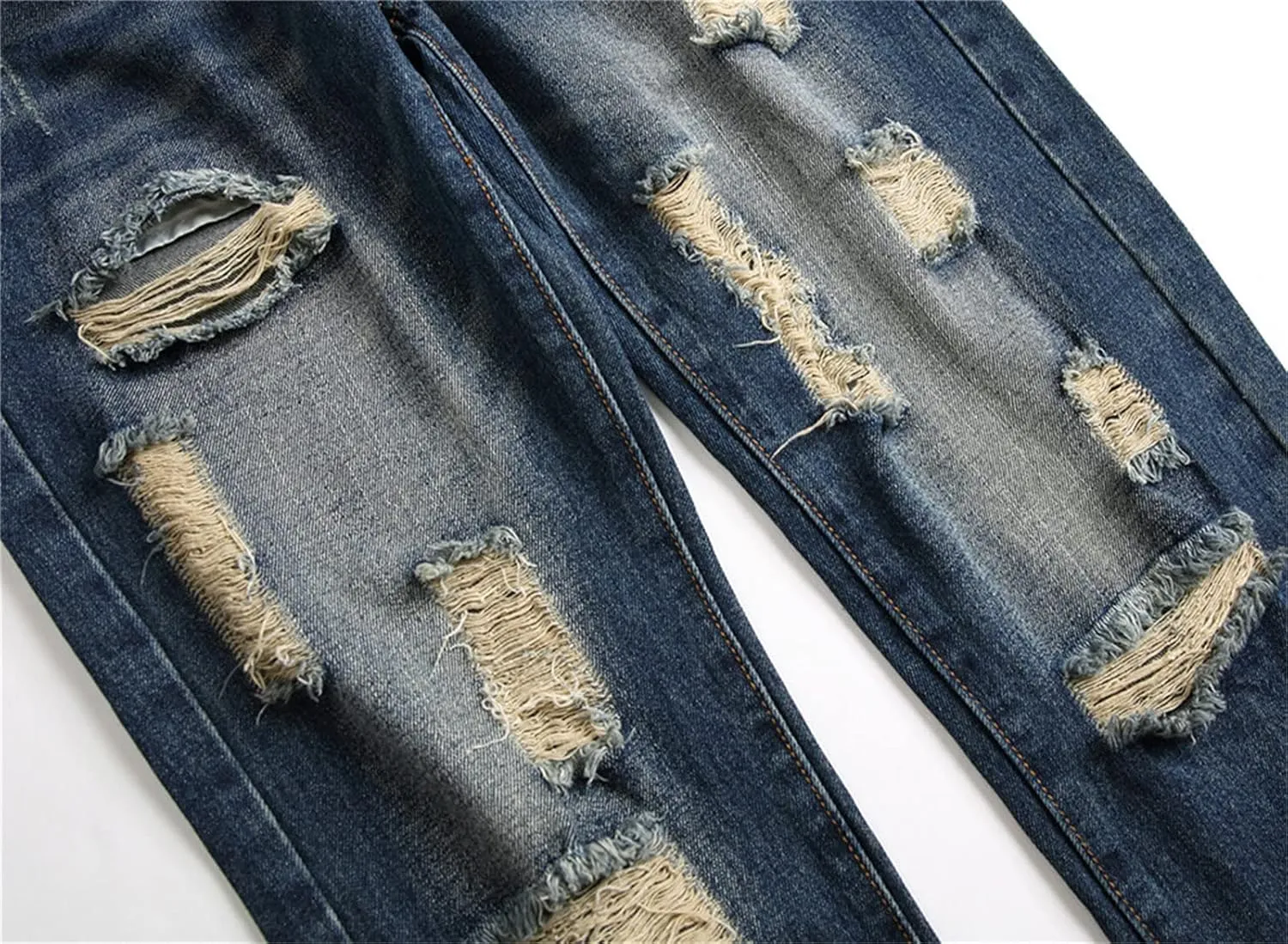 Men Ripped Slim Fit Jeans Destroyed Distressed Straight Denim Pants Vintage Mid Waist Washed Biker Jean Trousers