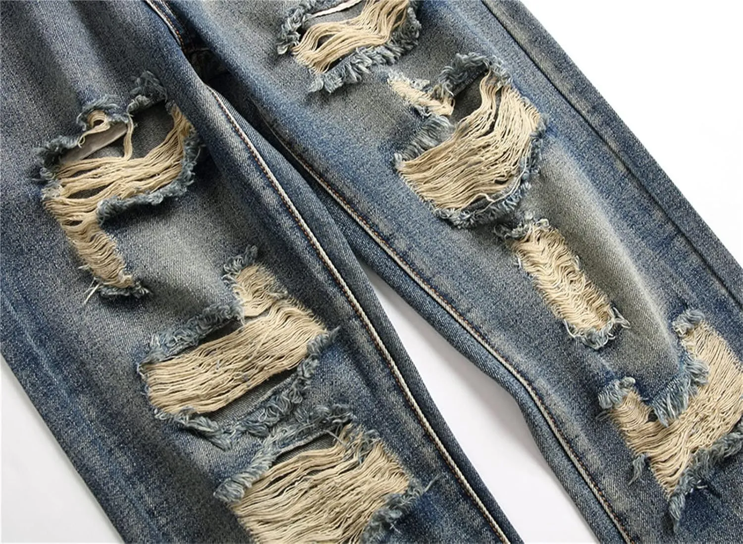 Men Ripped Slim Fit Jeans Destroyed Distressed Straight Denim Pants Vintage Mid Waist Washed Biker Jean Trousers