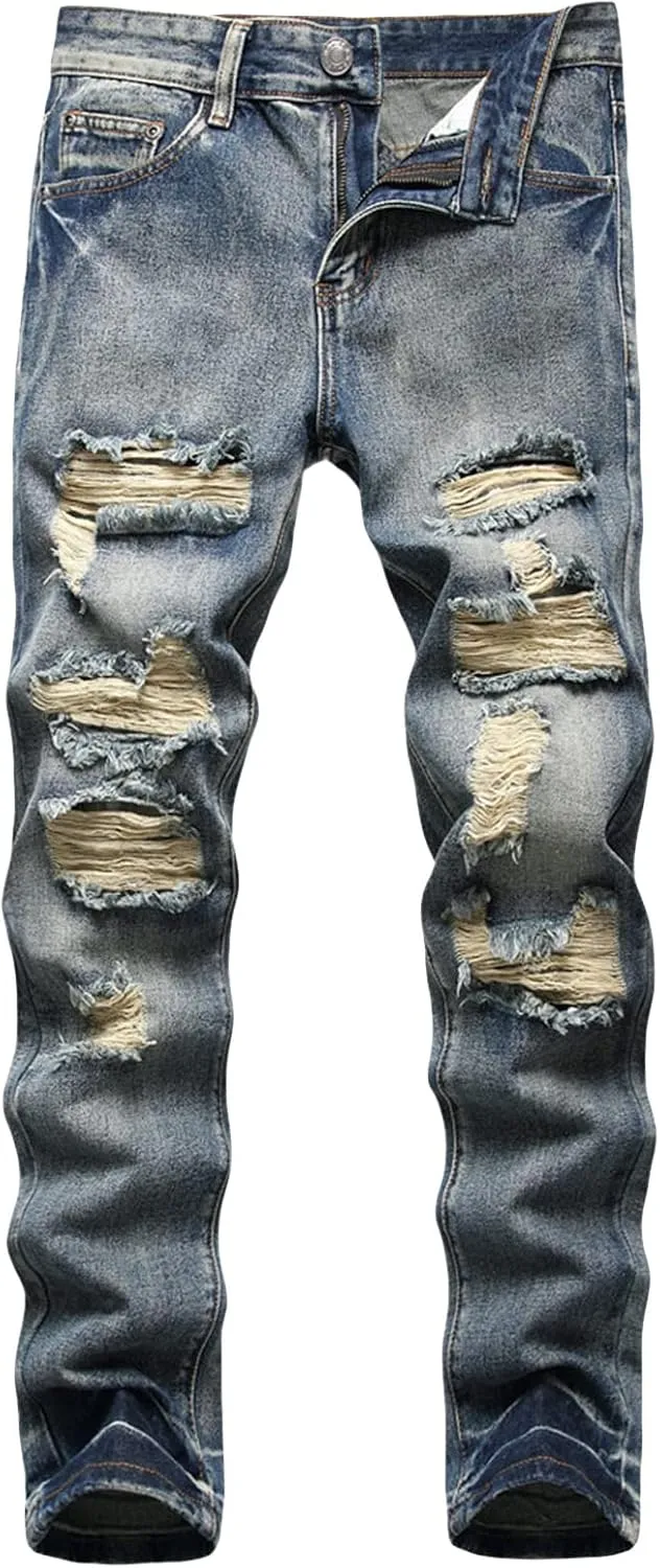 Men Ripped Slim Fit Jeans Destroyed Distressed Straight Denim Pants Vintage Mid Waist Washed Biker Jean Trousers