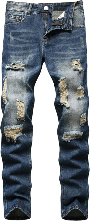 Men Ripped Slim Fit Jeans Destroyed Distressed Straight Denim Pants Vintage Mid Waist Washed Biker Jean Trousers