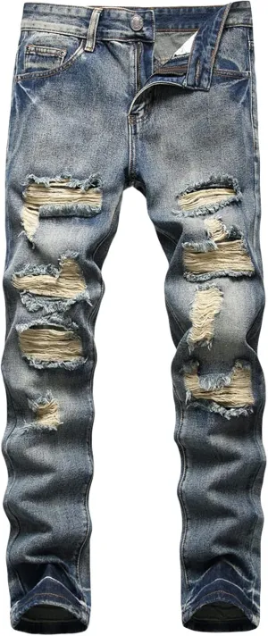 Men Ripped Slim Fit Jeans Destroyed Distressed Straight Denim Pants Vintage Mid Waist Washed Biker Jean Trousers