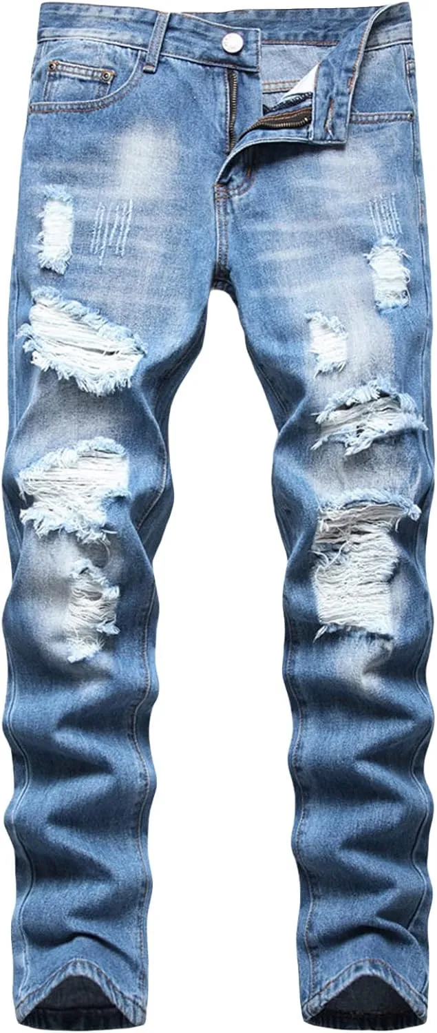 Men Ripped Slim Fit Jeans Destroyed Distressed Straight Denim Pants Vintage Mid Waist Washed Biker Jean Trousers