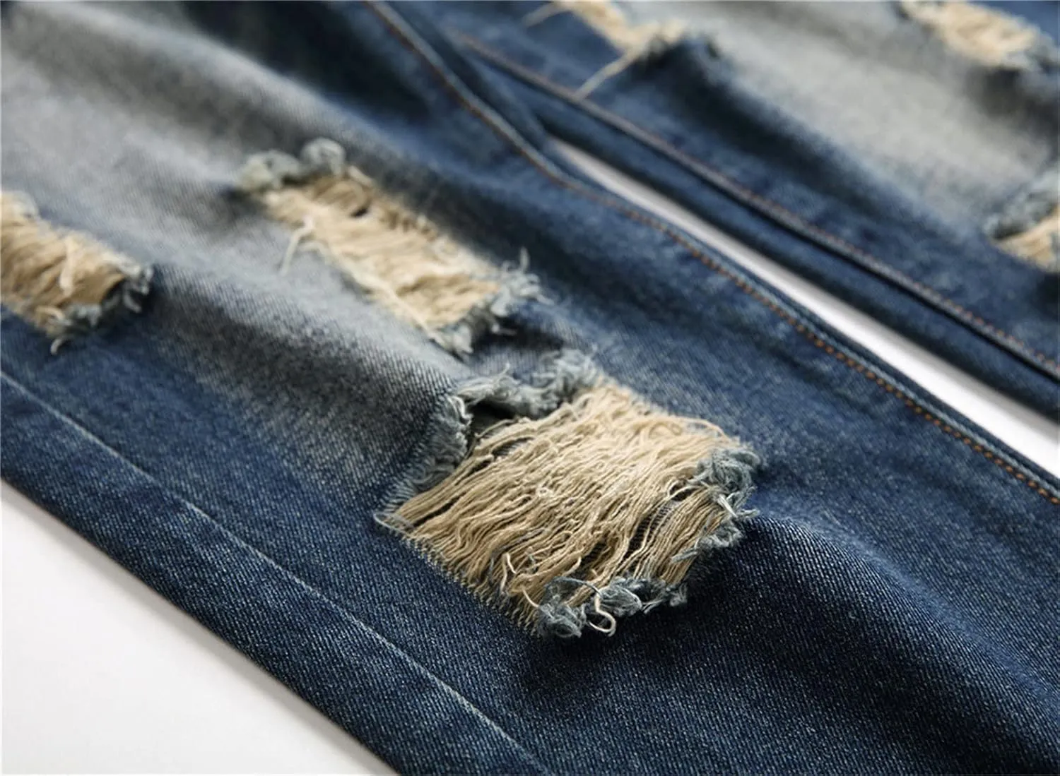 Men Ripped Slim Fit Jeans Destroyed Distressed Straight Denim Pants Vintage Mid Waist Washed Biker Jean Trousers