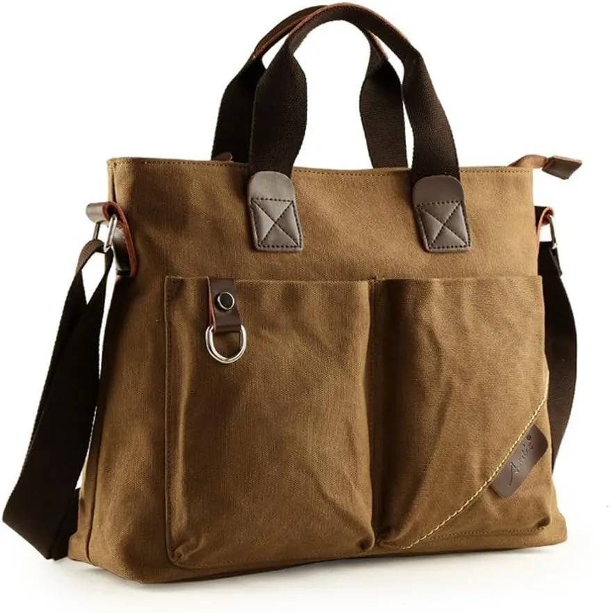 Men Washable Canvas Bag Leather Briefcase Travel Suitcase Messenger Shoulder Tote Pack Handbag