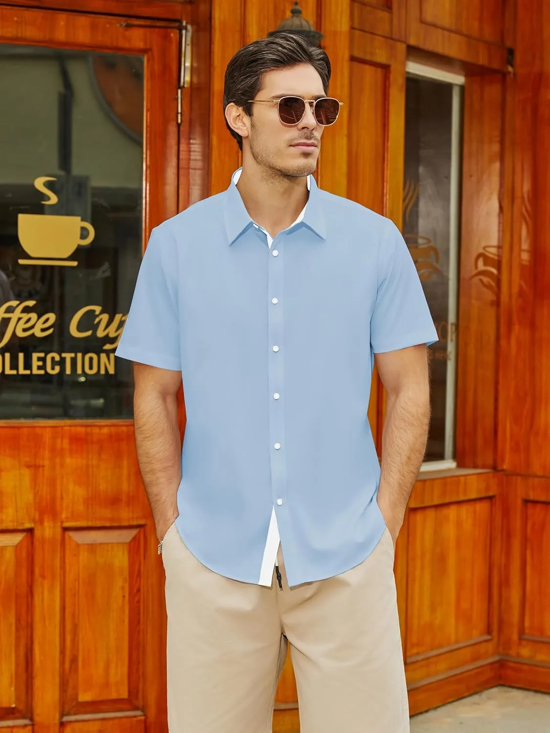 Men's Button Down Dress Shirts Short Sleeve Casual Shirts Wrinkle Free Business Shirt Stain Sheild
