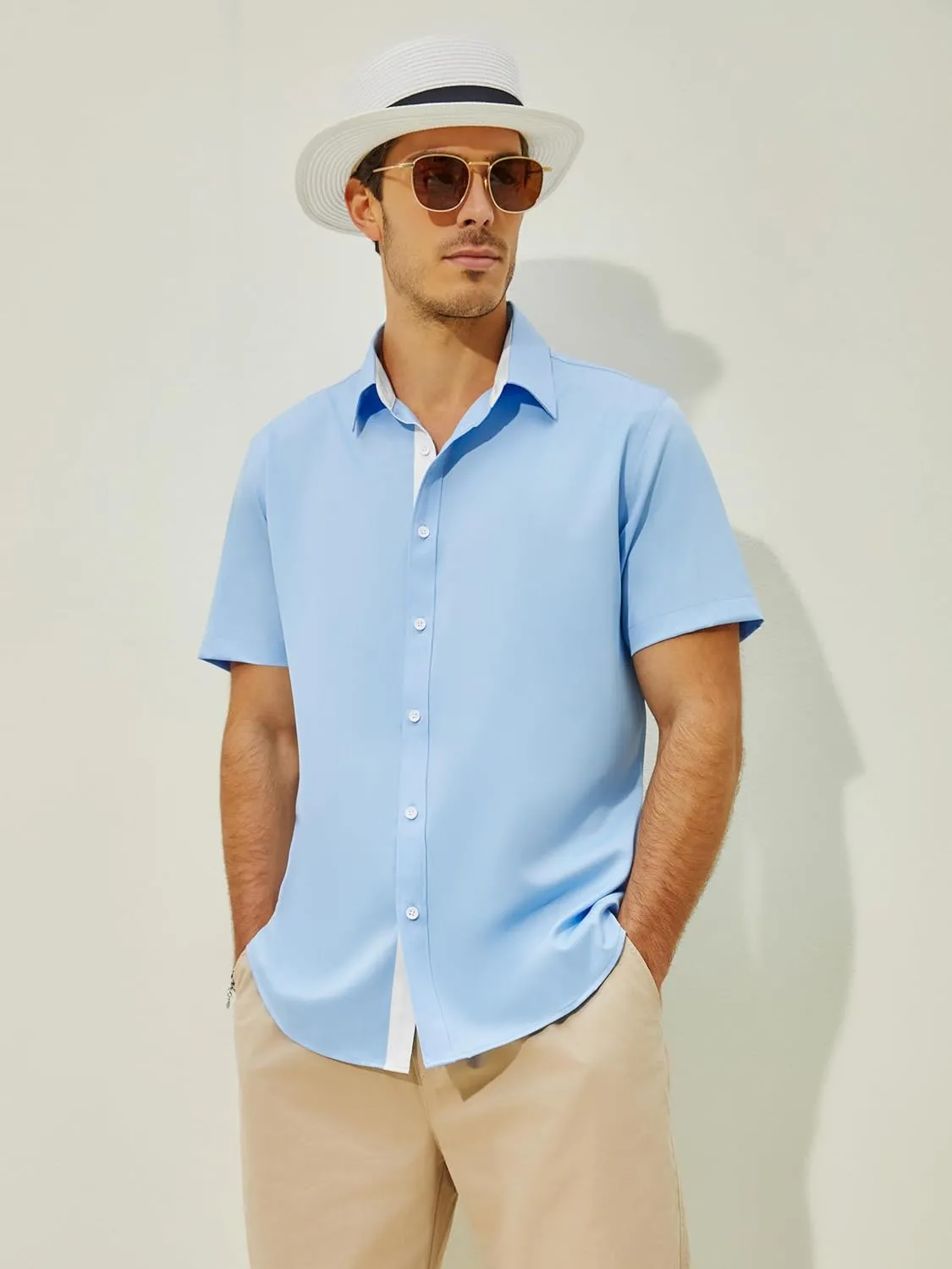 Men's Button Down Dress Shirts Short Sleeve Casual Shirts Wrinkle Free Business Shirt Stain Sheild