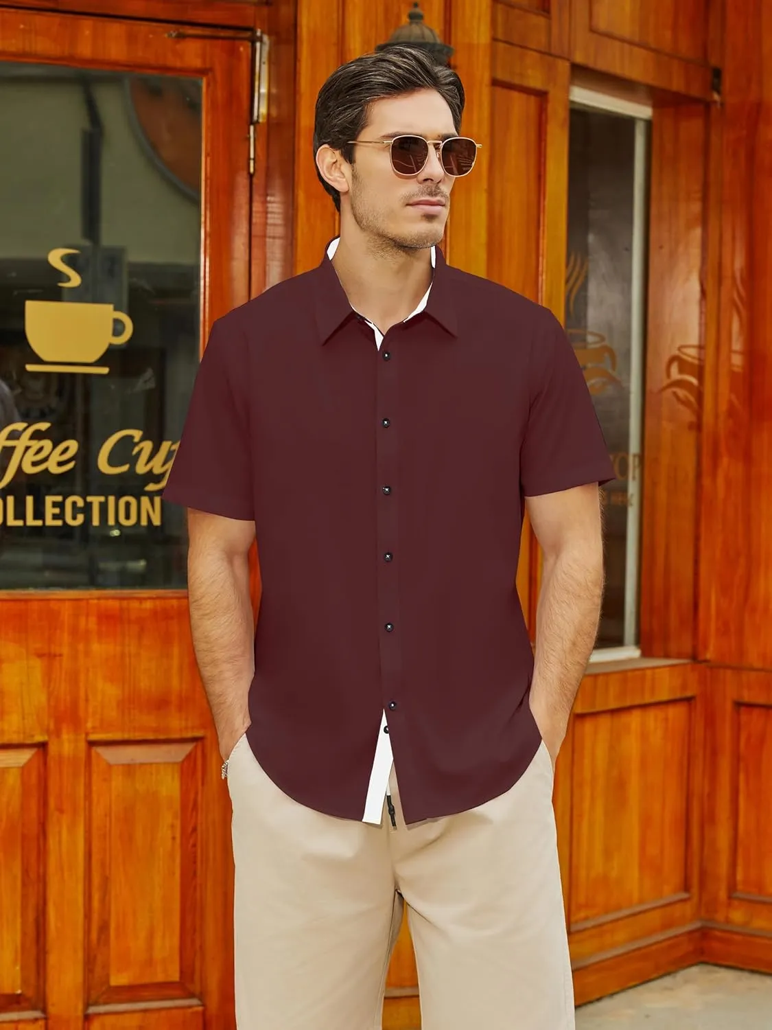 Men's Button Down Dress Shirts Short Sleeve Casual Shirts Wrinkle Free Business Shirt Stain Sheild