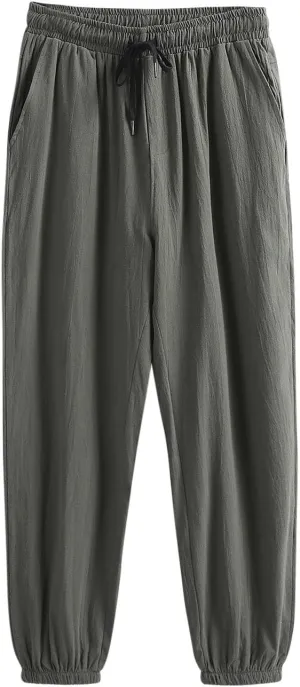 Mens Cotton Linen Pants Plus Size Loose Fit Comfy Exercise Jogger Pant Casual Solid Elastic Waist Drawstring Trouser