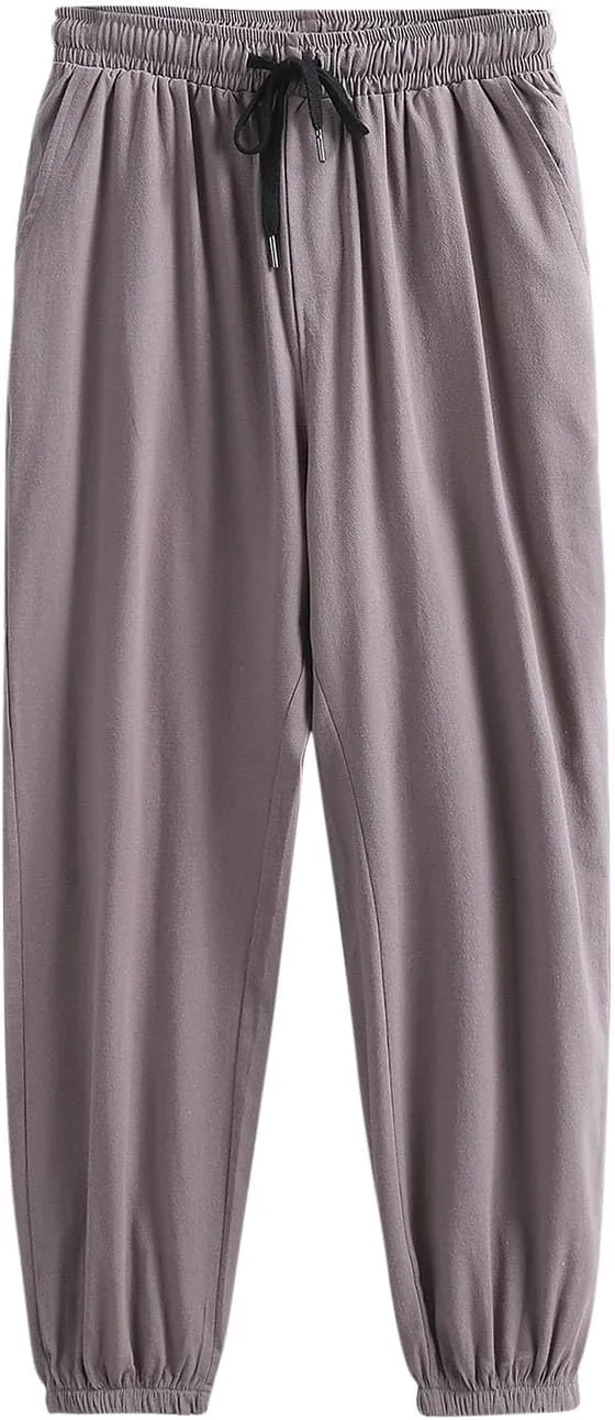 Mens Cotton Linen Pants Plus Size Loose Fit Comfy Exercise Jogger Pant Casual Solid Elastic Waist Drawstring Trouser