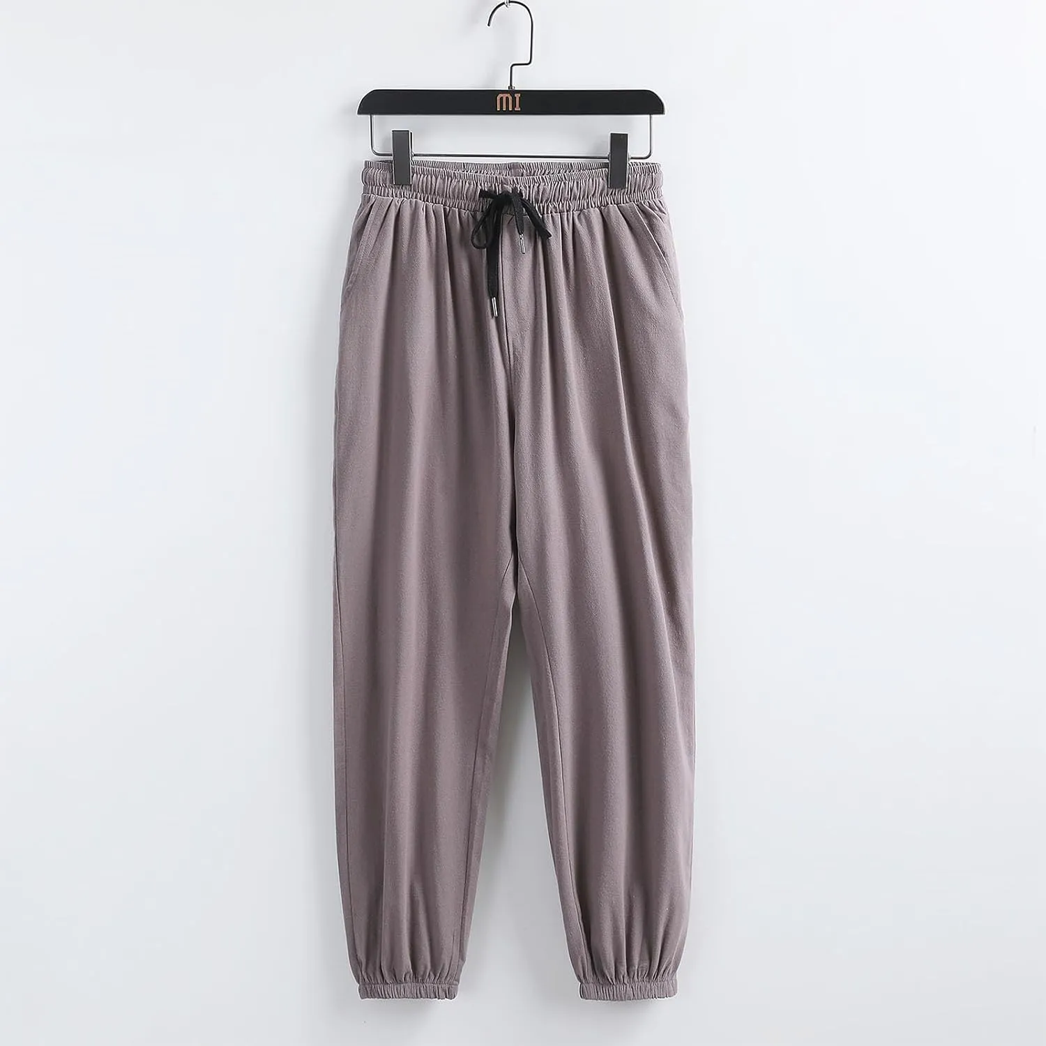 Mens Cotton Linen Pants Plus Size Loose Fit Comfy Exercise Jogger Pant Casual Solid Elastic Waist Drawstring Trouser