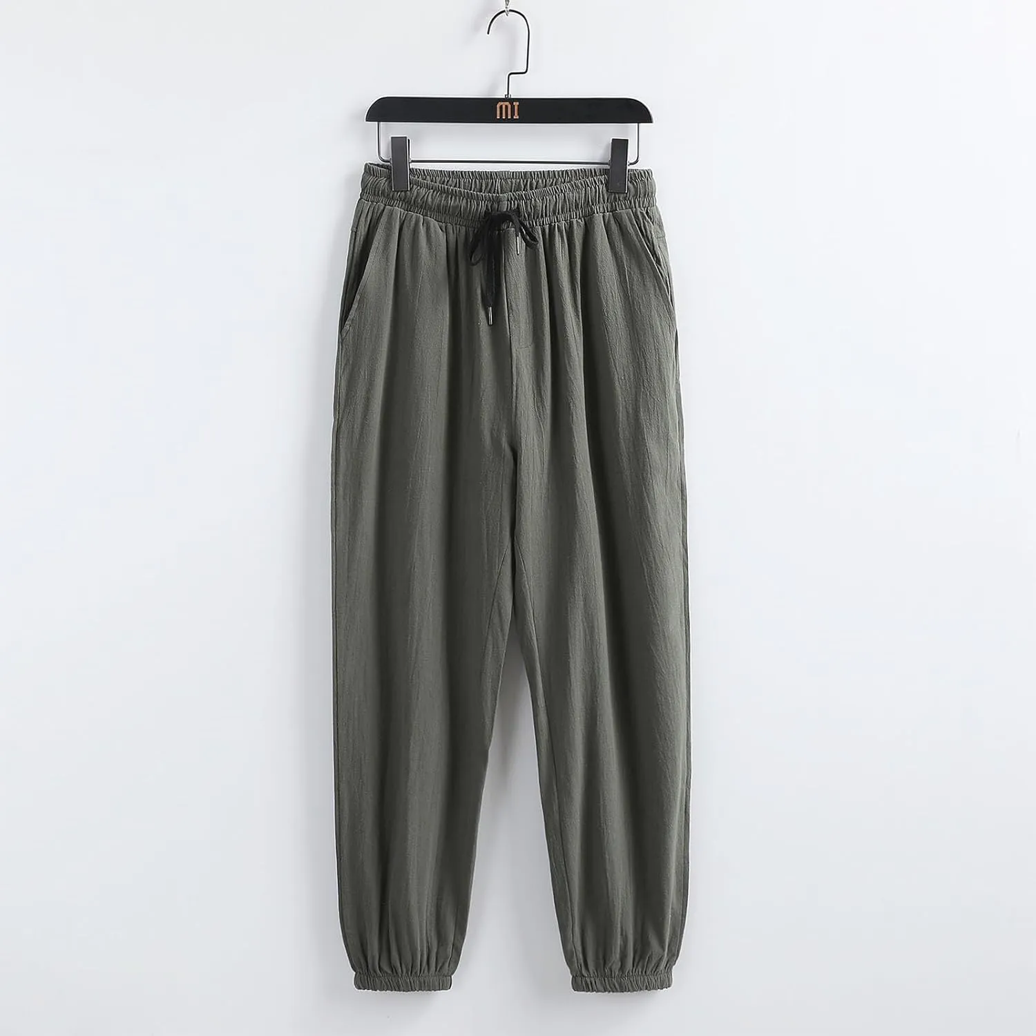 Mens Cotton Linen Pants Plus Size Loose Fit Comfy Exercise Jogger Pant Casual Solid Elastic Waist Drawstring Trouser