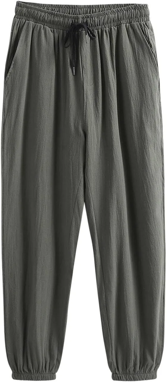 Mens Cotton Linen Pants Plus Size Loose Fit Comfy Exercise Jogger Pant Casual Solid Elastic Waist Drawstring Trouser
