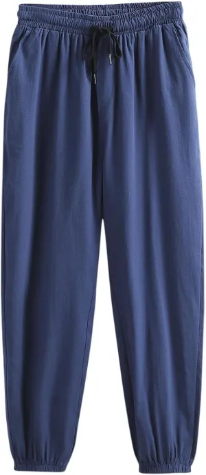 Mens Cotton Linen Pants Plus Size Loose Fit Comfy Exercise Jogger Pant Casual Solid Elastic Waist Drawstring Trouser