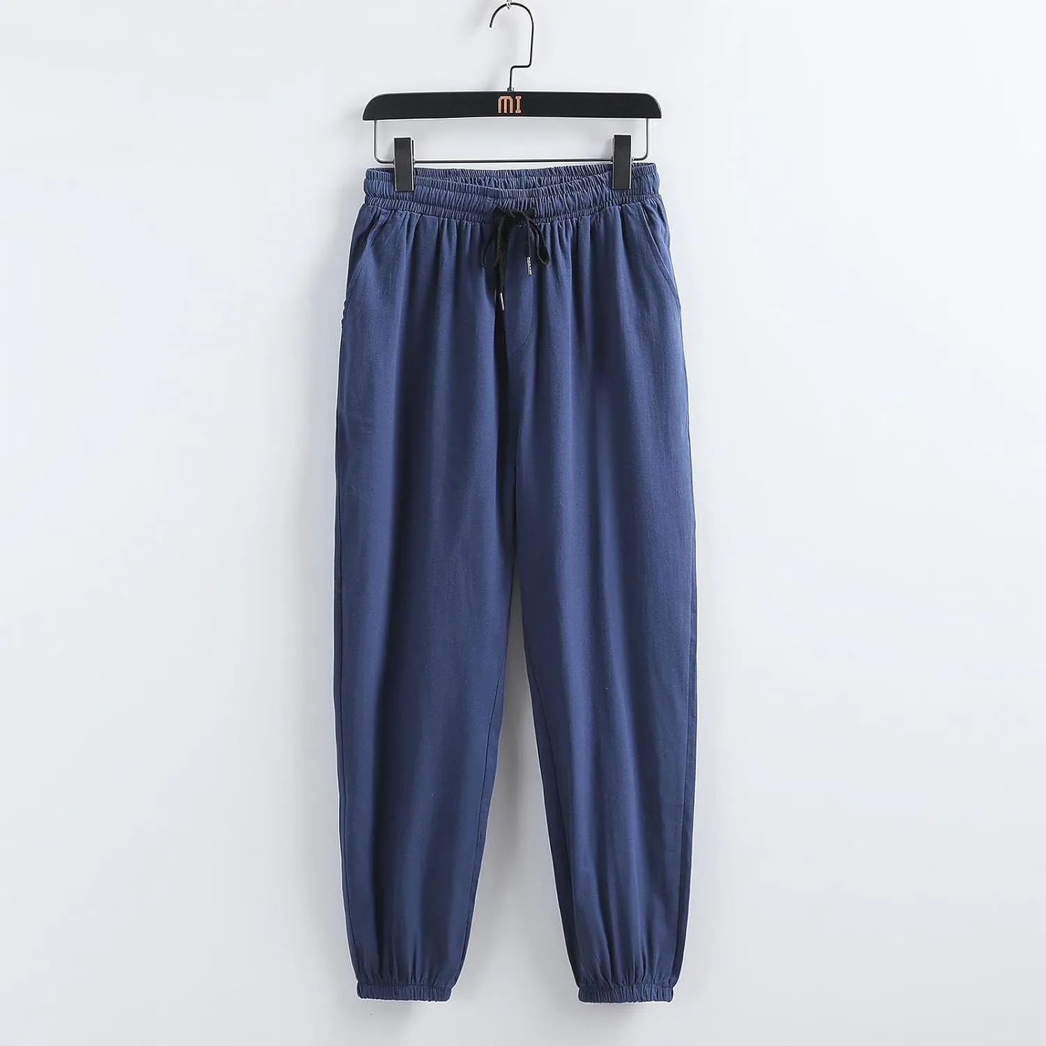 Mens Cotton Linen Pants Plus Size Loose Fit Comfy Exercise Jogger Pant Casual Solid Elastic Waist Drawstring Trouser