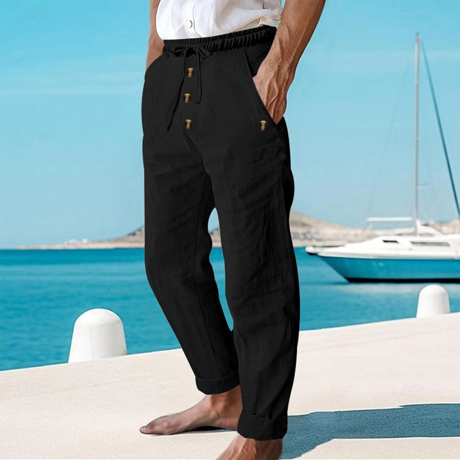 Men's Cotton Linen Pants Summer Elastic Waist Drawstring Trouser with Pockets Casual Solid Color Loose Button Pant
