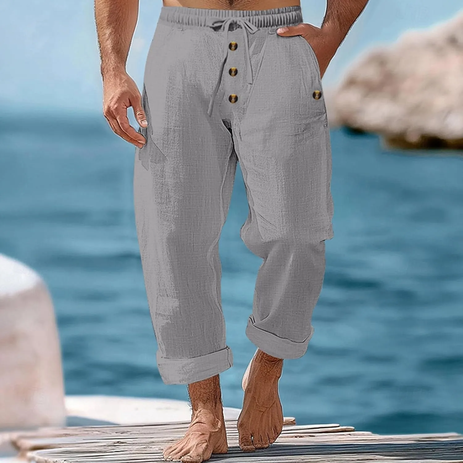 Men's Cotton Linen Pants Summer Elastic Waist Drawstring Trouser with Pockets Casual Solid Color Loose Button Pant