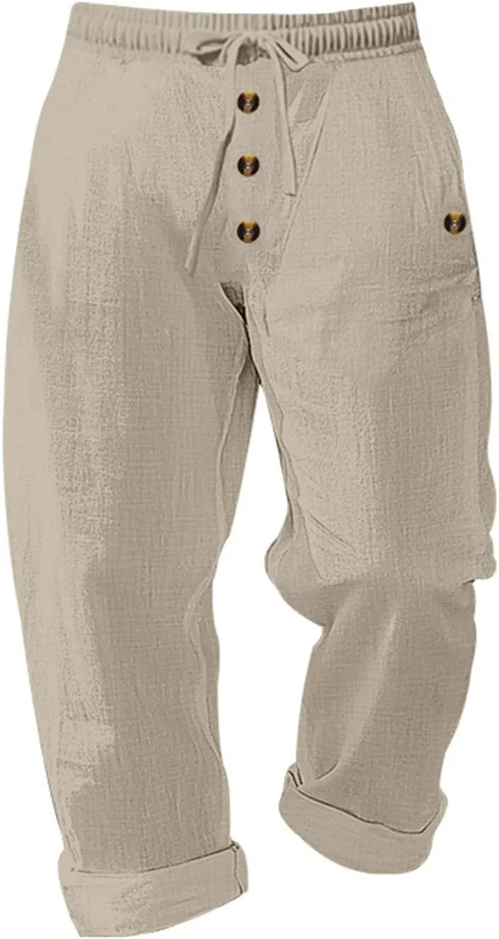Men's Cotton Linen Pants Summer Elastic Waist Drawstring Trouser with Pockets Casual Solid Color Loose Button Pant