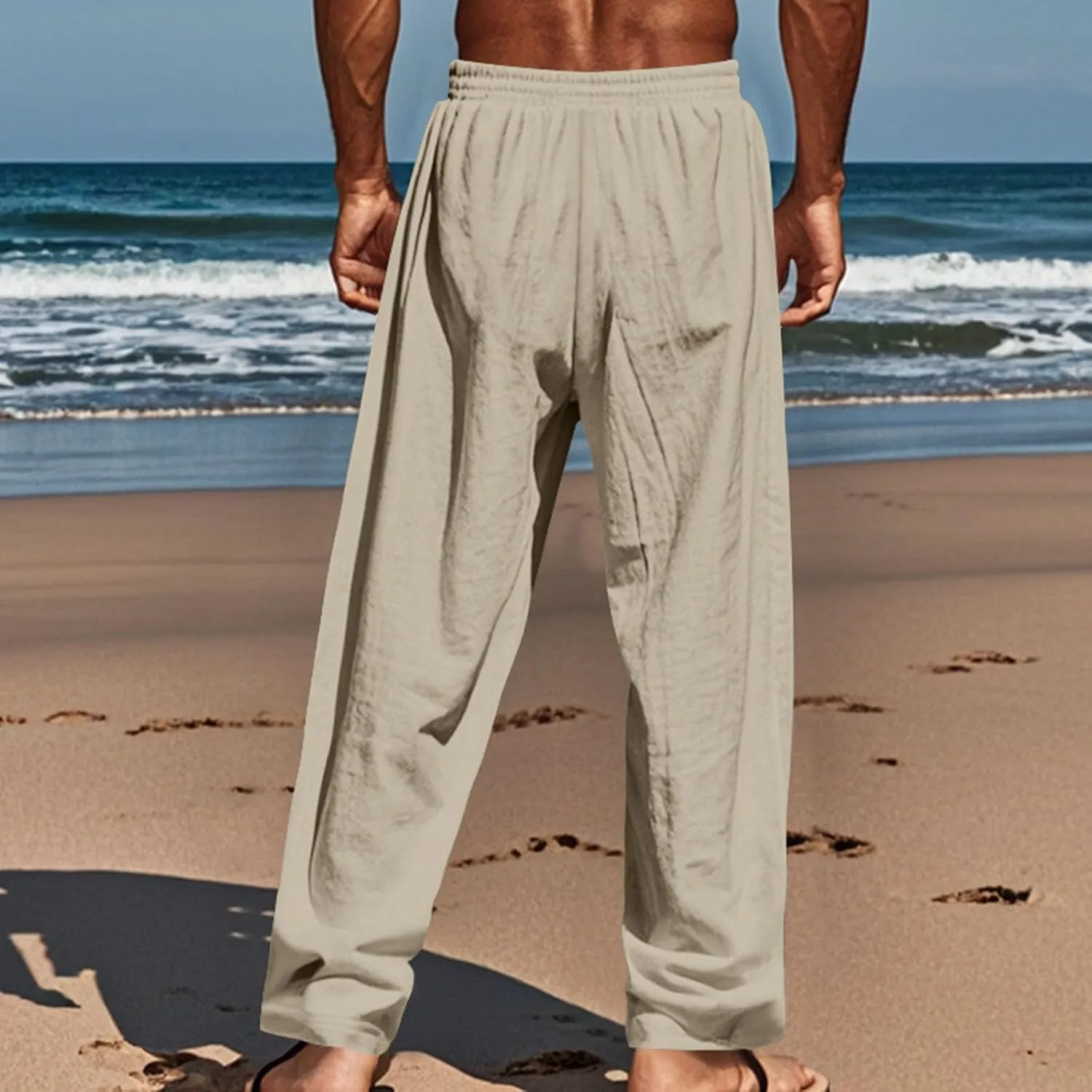 Men's Cotton Linen Pants Summer Elastic Waist Drawstring Trouser with Pockets Casual Solid Color Loose Button Pant