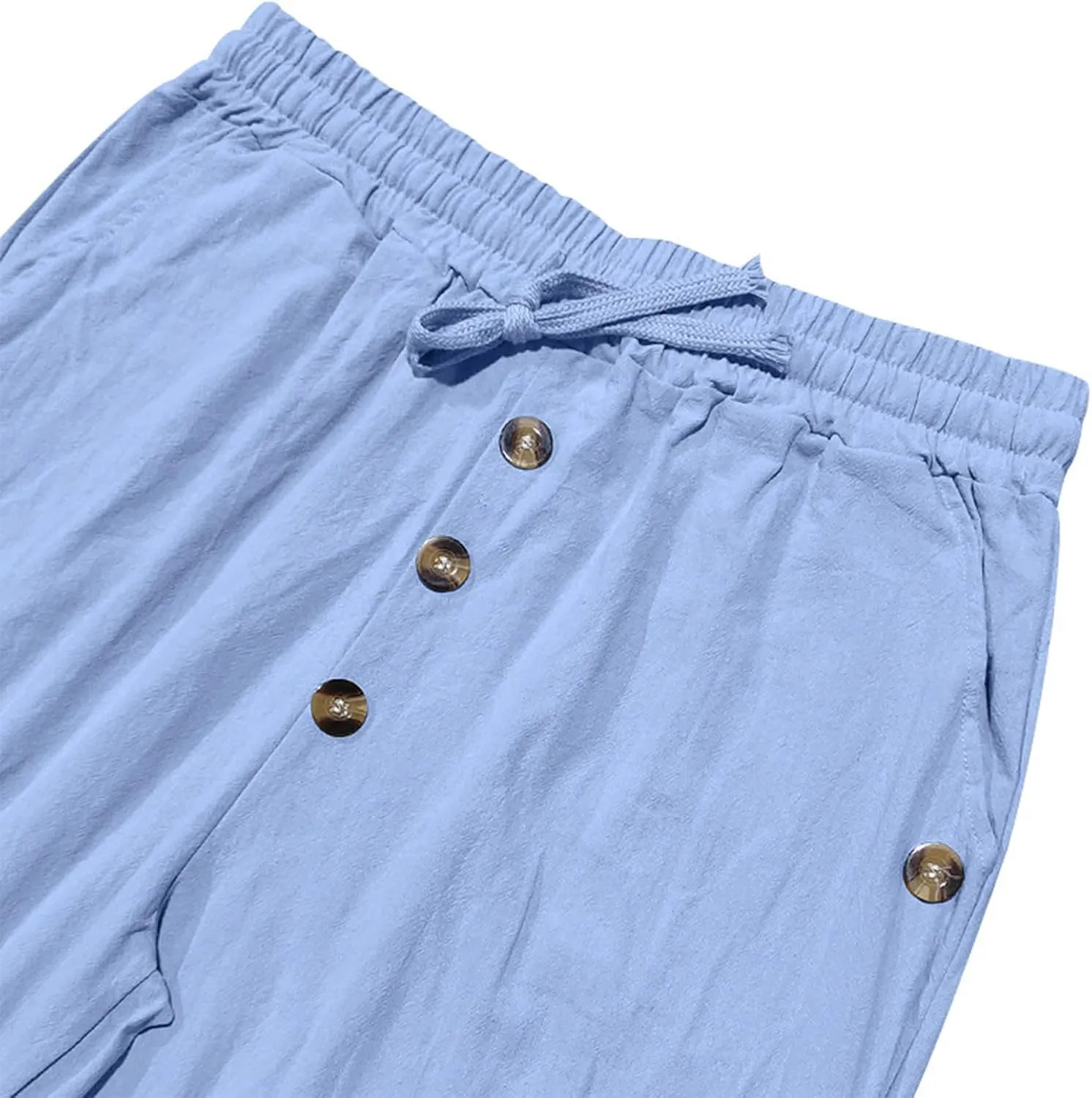 Men's Cotton Linen Pants Summer Elastic Waist Drawstring Trouser with Pockets Casual Solid Color Loose Button Pant