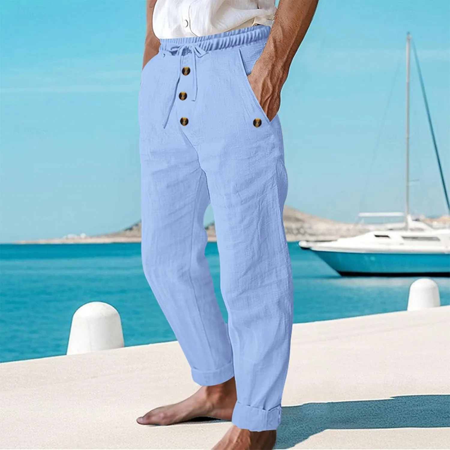Men's Cotton Linen Pants Summer Elastic Waist Drawstring Trouser with Pockets Casual Solid Color Loose Button Pant