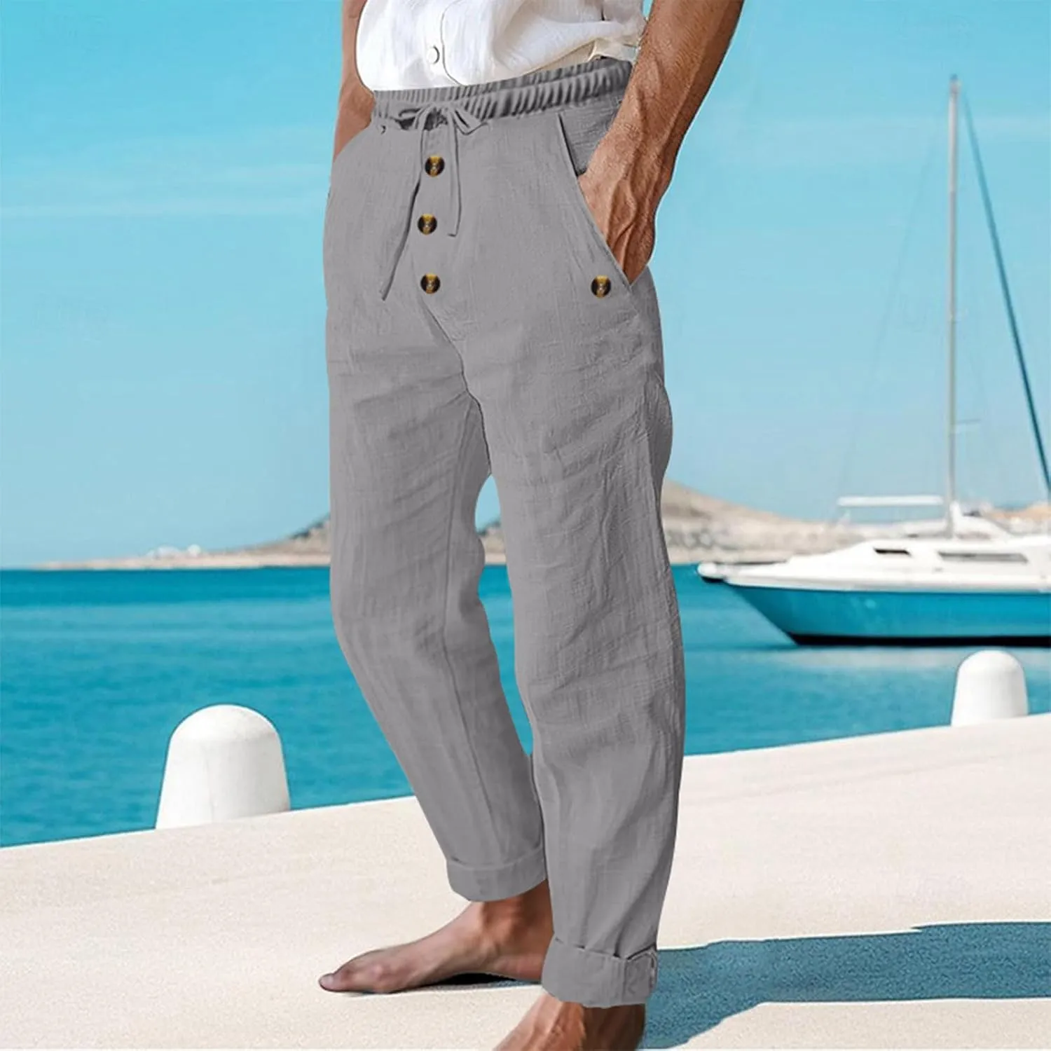 Men's Cotton Linen Pants Summer Elastic Waist Drawstring Trouser with Pockets Casual Solid Color Loose Button Pant