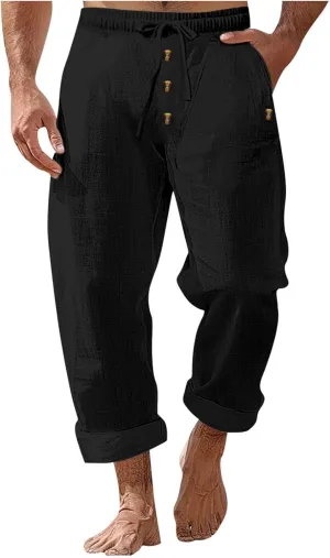 Men's Cotton Linen Pants Summer Elastic Waist Drawstring Trouser with Pockets Casual Solid Color Loose Button Pant