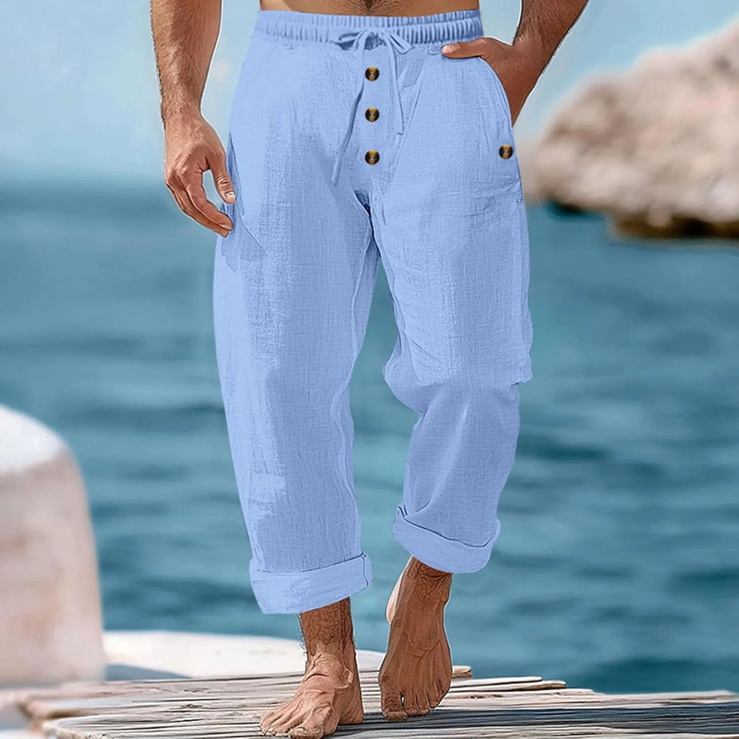 Men's Cotton Linen Pants Summer Elastic Waist Drawstring Trouser with Pockets Casual Solid Color Loose Button Pant